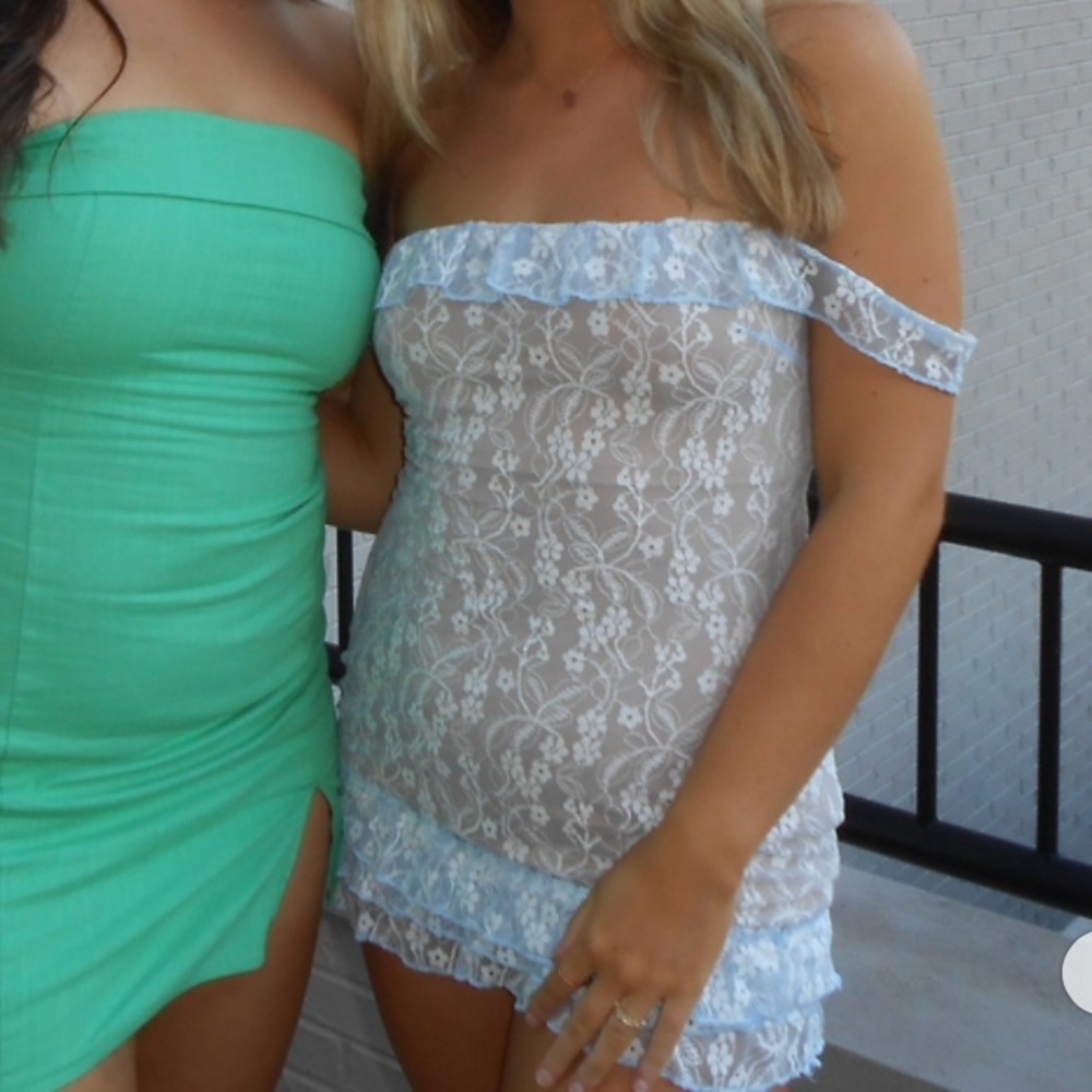 Green Strapless Dress and White Lace Off-Shoulder Dress